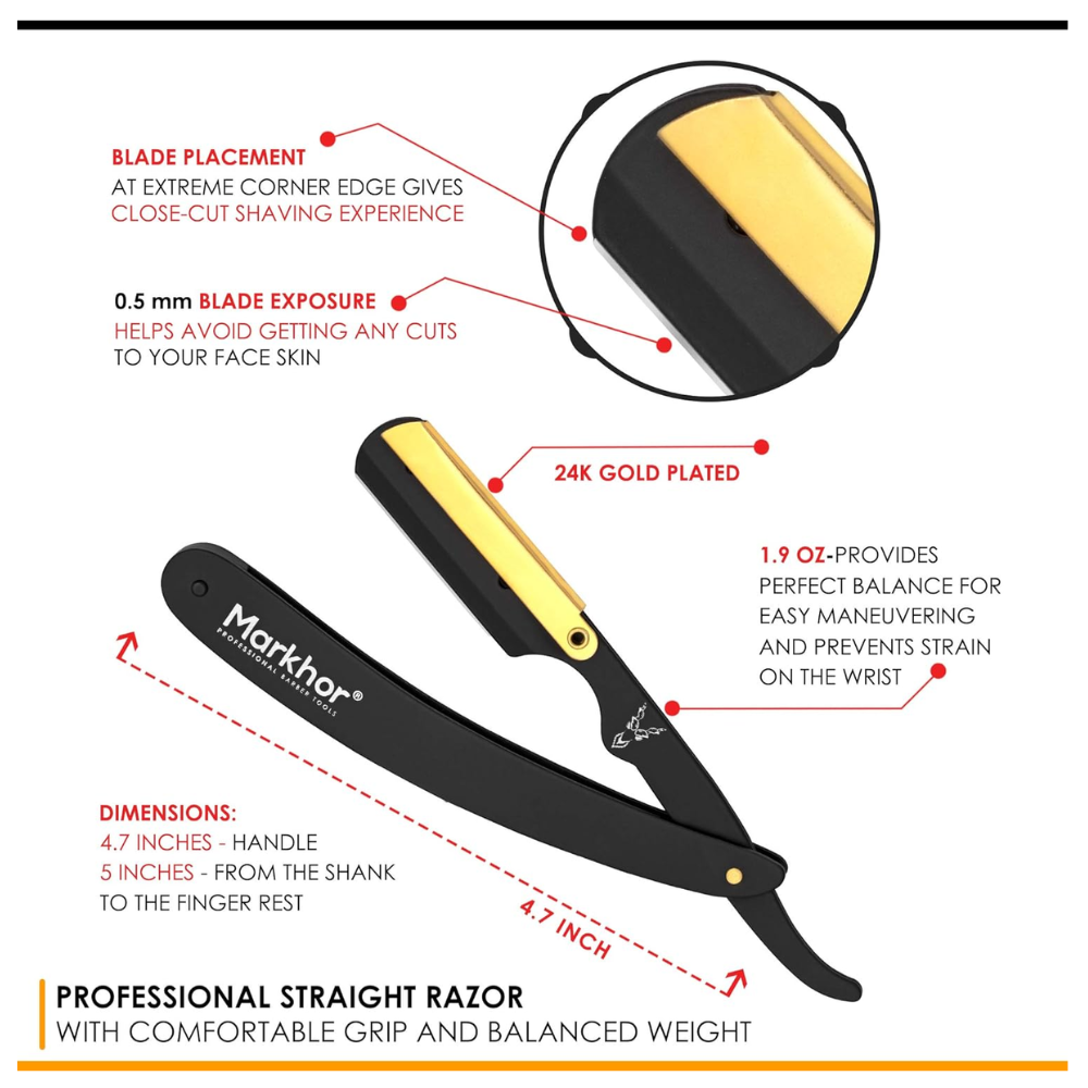Cut Throat Razors Kit, Matte Black with 24K Gold Plated Straight Razor