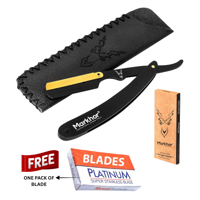 Cut Throat Razors Kit, Matte Black with 24K Gold Plated Straight Razor