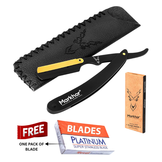 Cut Throat Razors Kit, Matte Black with 24K Gold Plated Straight Razor
